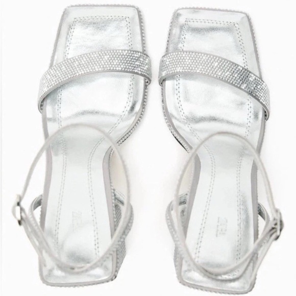 Zara Women’s Silver Sparkle Rhinestone Block Heeled Sandals Sz 9 NWT - Picture 3 of 13